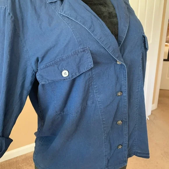 J Crew Camp Collar Shirt Womens 12 Blue V
Neck Cotton Voile Button Up Roll Tab - Picture 5 of 11